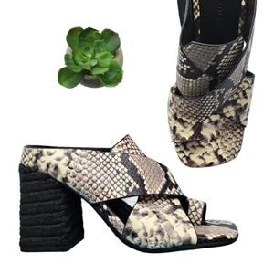 AEROSOLES Hazel Block Heel Mule Sandal 7.5 Ivory Black Snake Leather